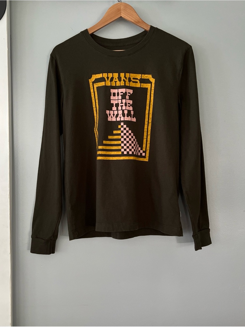 Vans Off The Wall Graphic Long Sleeve Cotton Olive Green Crew Neck Tee
